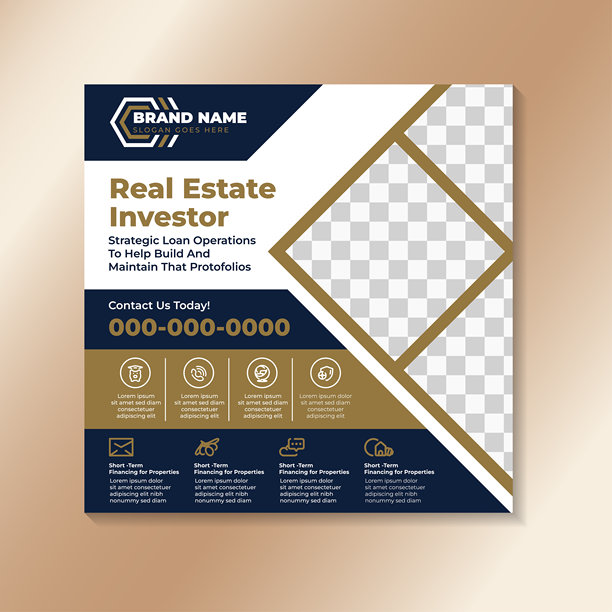 房地产投资人横幅设计模板。方形布局的矢量插画，元素采用金蓝渐变，背景为白色。包含用于放置照片的抽象形状。图片下载