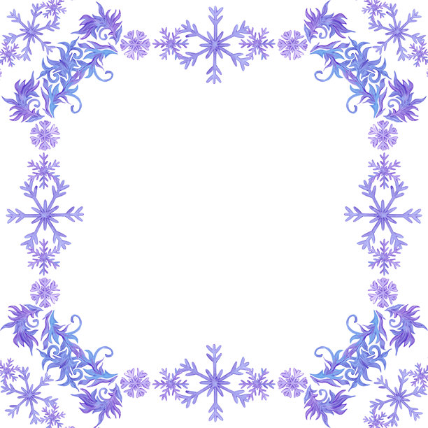 手绘水彩紫丁香、紫色和蓝色雪花边框。冬季插画，孤立在白色背景上。可用于明信片、邀请函和其他印刷品。图片下载