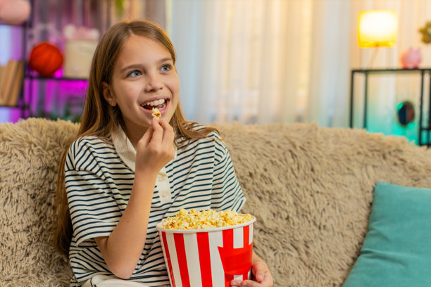 小女孩开心地坐在沙发上看电视里的卡通片，吃着爆米花，愉快地大笑。图片下载