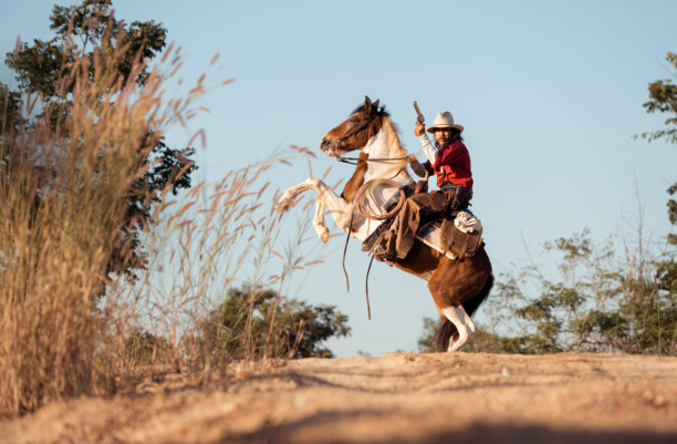 一匹扬起前蹄的马上的牛仔，手持左轮手枪，定格了经典的西部狂野时刻图片下载