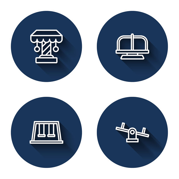 游乐场秋千和跷跷板的线条插画，带有长长的阴影。蓝色圆形按钮。矢量图图片下载