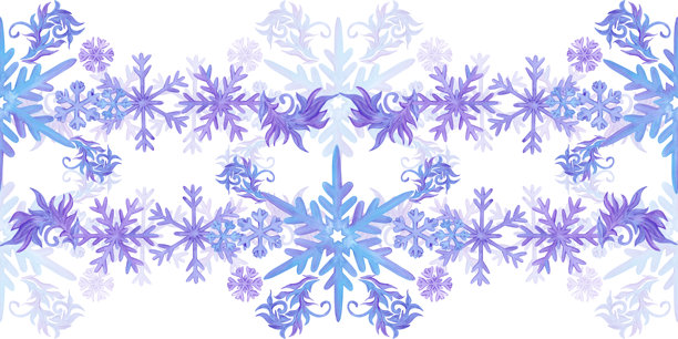 手绘水彩蓝紫色雪花与纸屑无缝边框。冬季插画，孤立在白色背景上。可用于明信片、邀请函、纺织品及其他印刷品。图片下载