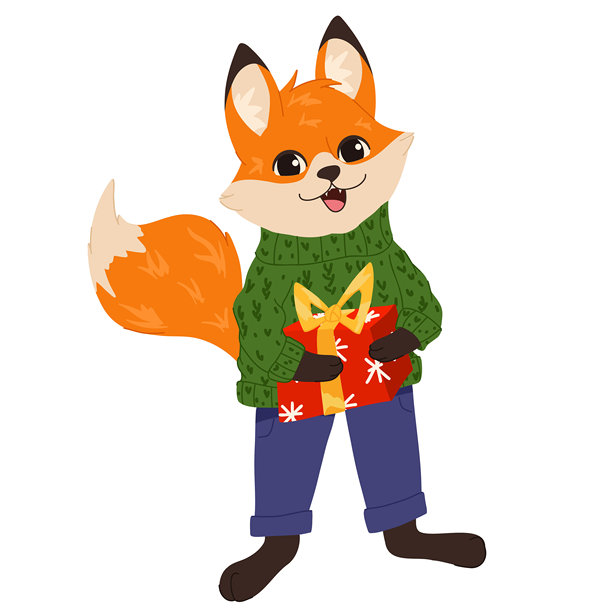 一只穿着绿色舒适毛衣的可爱狐狸，拿着一个系着黄色丝带的红色礼物盒。圣诞节矢量卡通动物插画，适用于节日贺卡、儿童设计、冬季装饰、贴纸。图片下载