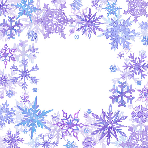 手绘水彩淡紫和蓝色雪花边框。冬季插画，孤立在白色背景上。可用作明信片、邀请函及其他印刷品图片下载