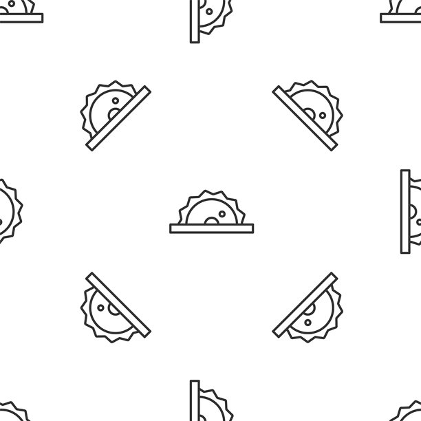 灰色线条的电圆锯，带有钢齿盘图标，在白色背景上隔离的无缝图案。用于切割木材或金属的电动手动工具。矢量图图片下载