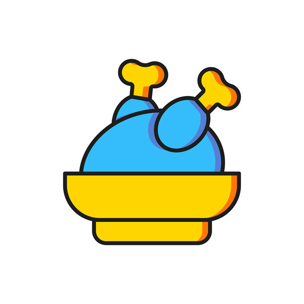 烤火鸡或烤鸡的彩色图标，孤立在白色背景上。带有阴影的平面填充轮廓风格。矢量图图片下载