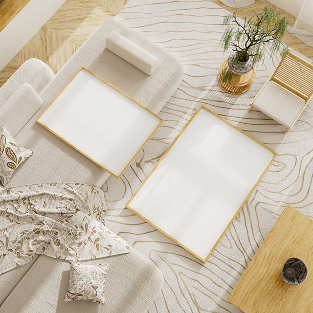 极简俯视品牌样机，带有藤编细节、陶瓷花瓶和柔和日光色调的浅色墙壁。三维插画。图片下载