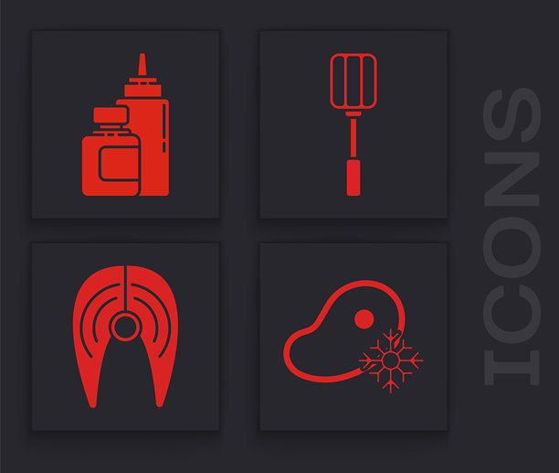 新鲜冷冻牛排、酱料瓶、抹刀和鱼排图标。矢量图图片下载
