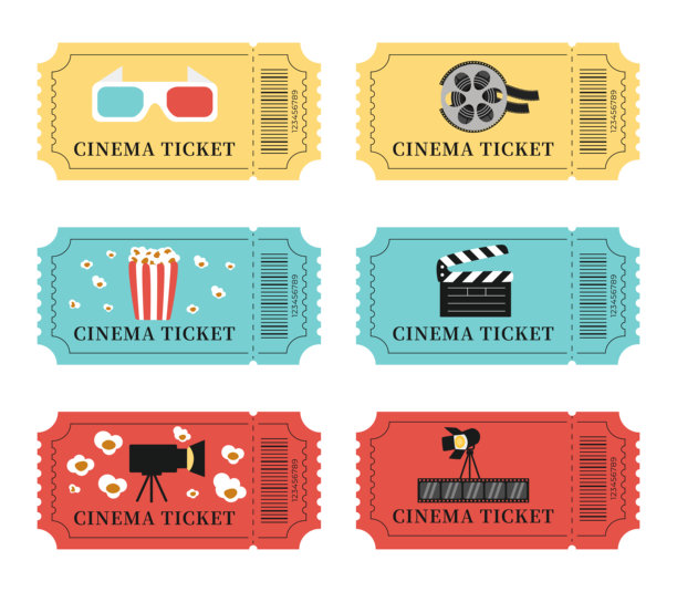 一套带有电影主题插画的复古电影票，包括爆米花、胶片卷、场记板、老式相机、3D眼镜和聚光灯。多彩的复古风格电影票集合。图片下载
