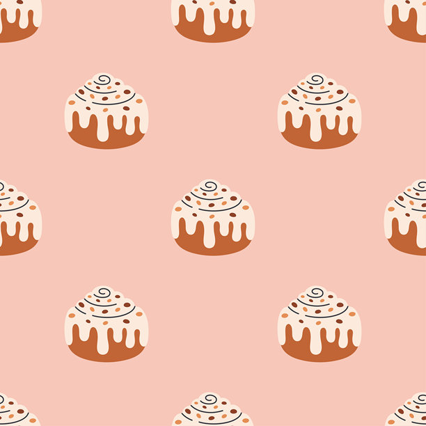 可爱肉桂卷糖霜和巧克力的无缝图案。旋涡肉桂卷。非常适合横幅、壁纸、包装纸、背景、卡片、海报。矢量插画图片下载