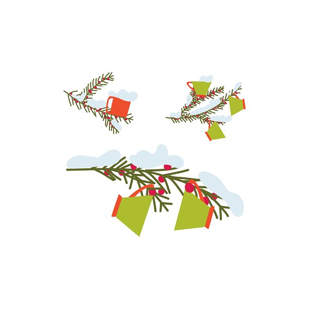 可持续圣诞矢量插画集，包含松枝、马克杯、杯子以及轻柔的雪花装饰。极简手绘装饰圣诞树。图片下载