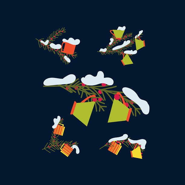 可持续圣诞节矢量插画集，包含松枝、马克杯、杯子和轻雪点缀。极简手绘装饰圣诞树图片下载