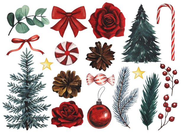 手绘圣诞装饰组合，包括挂饰、圣诞树、蝴蝶结。水彩插画。图片下载