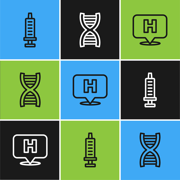 一套注射器、医院和 DNA 符号图标的线条。矢量图图片下载