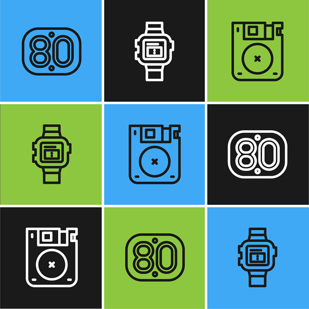 80年代复古风格线条插画，包含软盘和腕表图标。矢量图图片下载