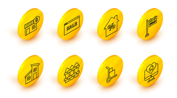 一行设置：带心形房屋的显示器，手推车和箱子，木制花园围栏，房屋，带有“已售”文字的挂牌，百分比折扣标签，在线销售和美元符号图标。矢量图图片下载