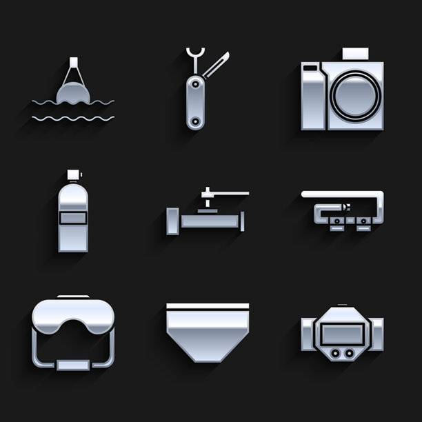 一套工业金属管道和阀门、泳裤、潜水表、皮带、面罩、水肺、潜水员照片相机和海上漂浮浮标的图标。矢量图图片下载