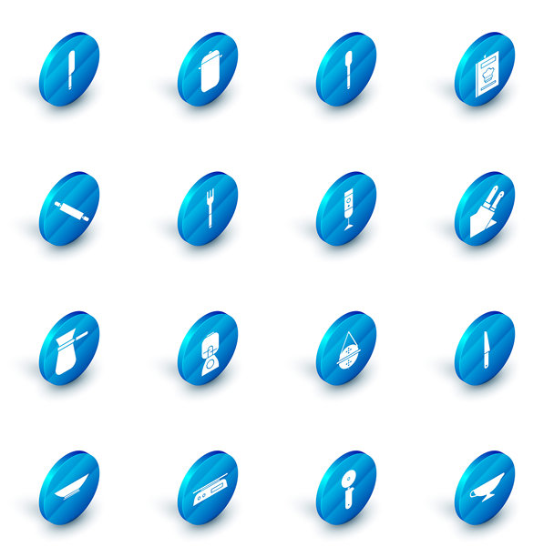 一套炊具、勺子、食谱、擀面杖、土耳其咖啡壶、叉子、刀和搅拌机图标。矢量图图片下载