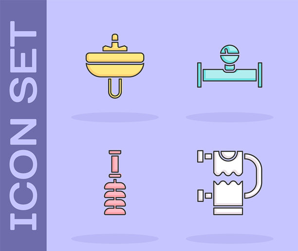 设置毛巾加热架、洗脸盆、马桶刷和工业管道及压力表图标。矢量图图片下载