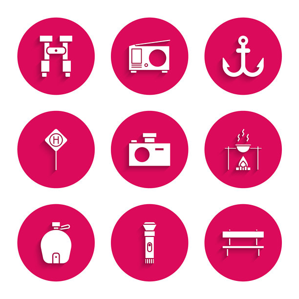 照片相机、手电筒、长凳、营火与锅、军用水壶、停车位、锚和望远镜图标。矢量图图片下载