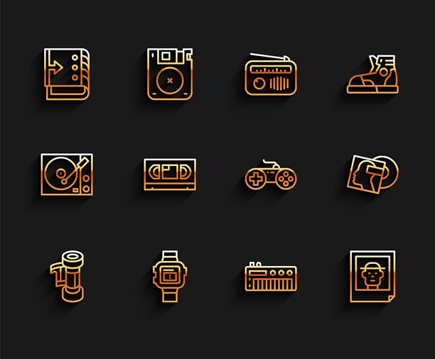 相机胶卷盒、手表、声音混合器控制器、音乐合成器、照片、VHS录像带、黑胶唱片和游戏手柄图标的线性集合。矢量图图片下载