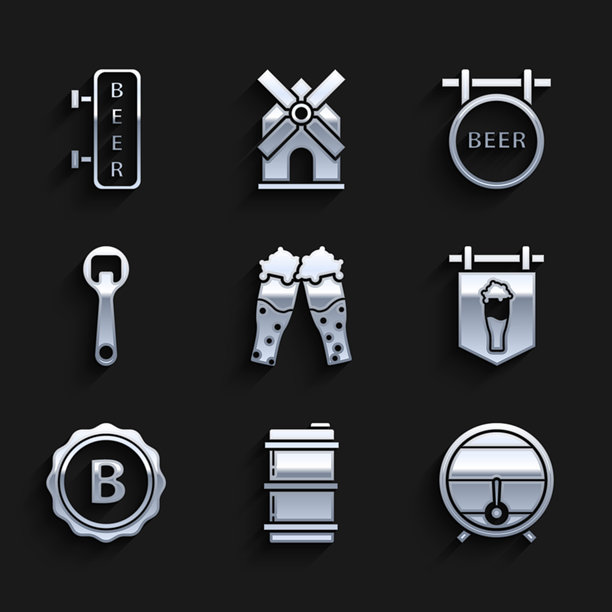 一组啤酒杯、金属啤酒桶、带龙头架子的木桶、街头招牌玻璃、瓶盖铭文、开瓶器、啤酒和图标。矢量图图片下载
