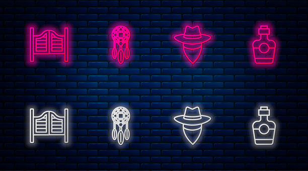 羽毛、牛仔、酒吧门和龙舌兰酒瓶的梦想捕手线条插画。砖墙上的发光霓虹图标。矢量图图片下载