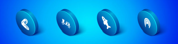 一套等距插画图标：贻贝、鲨鱼、鱼排和寿司放在砧板上。矢量图图片下载