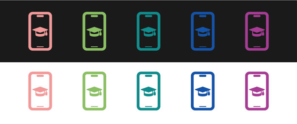 毕业帽置于智能手机图标屏幕上，孤立在黑白背景上。在线学习或电子学习概念。矢量图图片下载