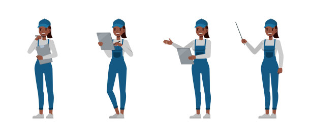 女性修理工穿着蓝色维修围裙的角色矢量插画设计集。女性拿着文件夹和演示文稿。图片下载