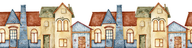 水彩横向无缝边框，描绘乡村风格的温馨房屋。建筑无缝图案边框。儿童可爱水彩建筑和树木。童话般的房屋全景，旧城街道。儿童插画。图片下载