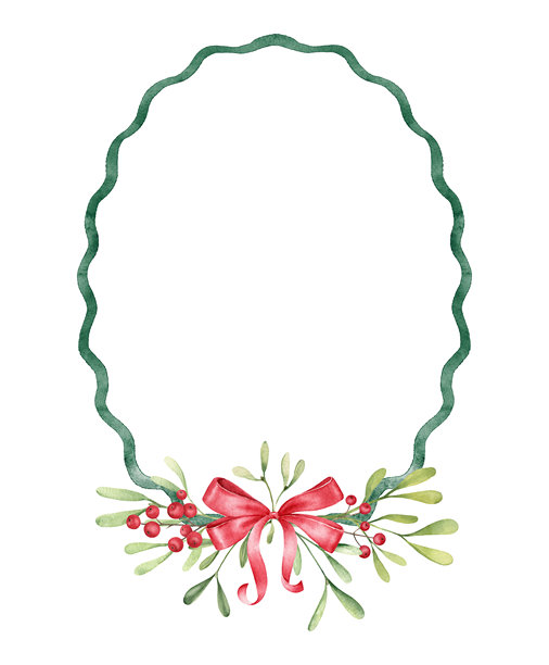 圣诞节水彩丝带边框，饰有红蝴蝶结和冬青浆果。手绘插画，孤立在白色背景上。图片下载