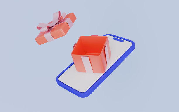 在线购物概念通过手机打开礼品盒的3D插画图片下载
