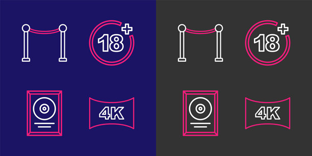4K电视屏幕、获奖CD光盘、18禁电影和安全绳栏图标的矢量图图片下载