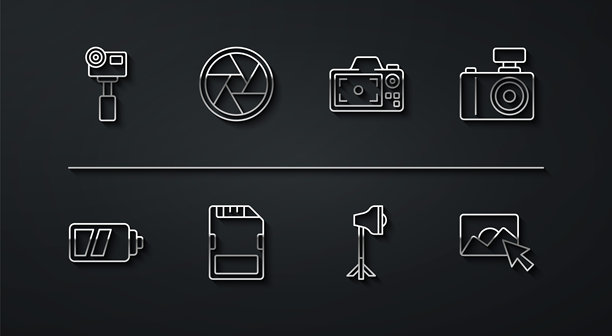 动作摄影系列图标，包括电池、照片、柔光箱中的摄影灯泡、SD卡、相机快门、修图以及图标。矢量图图片下载