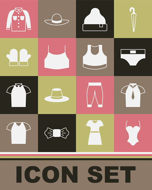 泳衣、衬衫、男士内裤、绒线帽、女士露脐上衣、圣诞节连指手套和图标套装。矢量图图片下载