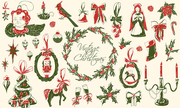 异想天开的复古圣诞节插画套装，包含花环、天使、蝴蝶结、冬青、装饰品、玩具和节日元素。矢量手绘涂鸦插画，适用于包装设计、邀请函、贴纸、卡片。图片下载