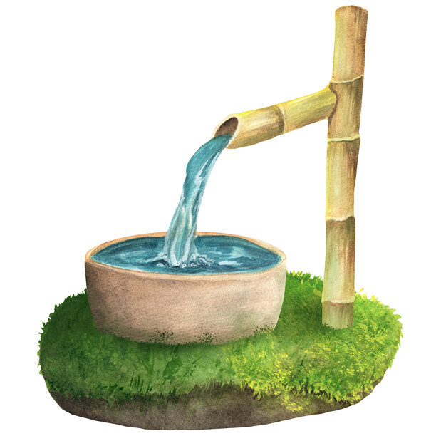 竹子花园喷泉，带石碗和流淌的蓝色水，立在长满苔藓的石头上。禅意花园。手绘水彩插画，适用于亚洲主题设计、包装、请柬、明信片。图片下载