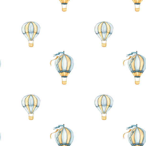 热气球无缝图案。热气球水彩插画。蓝色和米色调的婴儿房壁纸、儿童用品、织物、包装纸水彩插画。图片下载