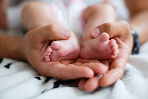 父母的手中抱着孩子的腿。妈妈和爸爸手里拿着婴儿脚的照片图片下载