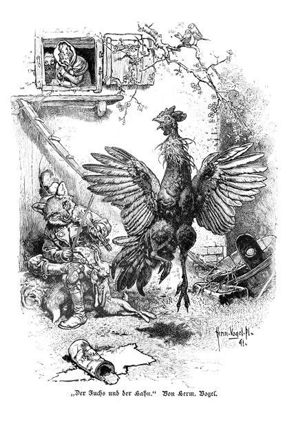 19世纪插画，古董雕版幽默寓言场景，狐狸拉小提琴，公鸡受惊跳跃，女人从窗户观看图片下载