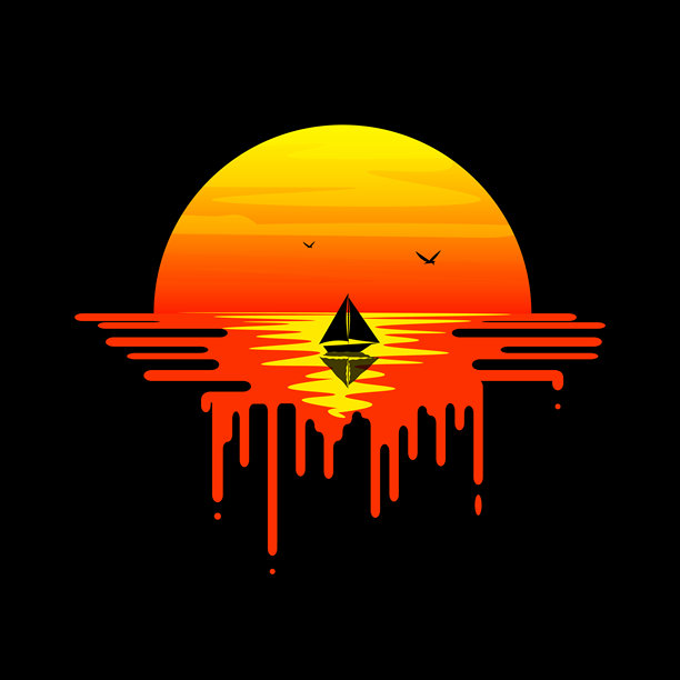 日落帆船插画与水面倒影图片下载