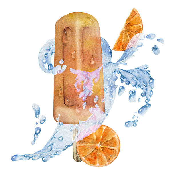 新鲜的橙子冰棒，带有融化的水滴、飞溅的水花和柑橘片。手绘水彩插画，孤立。适用于冷冻零食标签、夏日咖啡馆装饰、甜点传单。图片下载