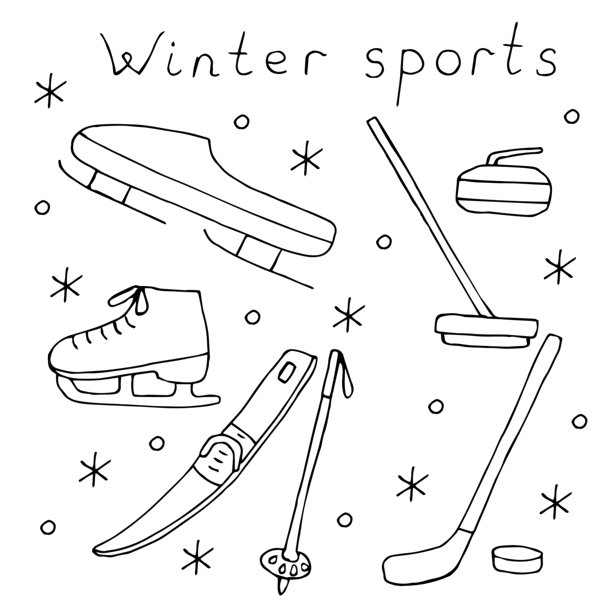 冬季运动元素集，手绘，轮廓涂鸦，矢量插画图片下载