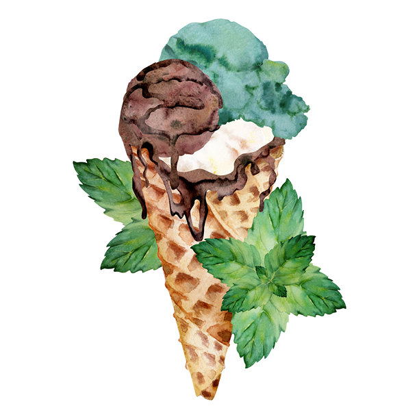 融化巧克力内衬华夫饼筒中的冰淇淋（意式冰淇淋）勺，配有薄荷叶和糖浆淋酱。手绘水彩风格的独立插画。夏日产品包装、零食贴纸、口味标签。图片下载