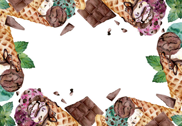 薄荷叶和浆果冰淇淋，配巧克力碎屑，装在华夫甜筒里。手绘水彩画风格的隔离边框插画。甜点主题标签、夏日派对传单、咖啡馆品牌设计。图片下载