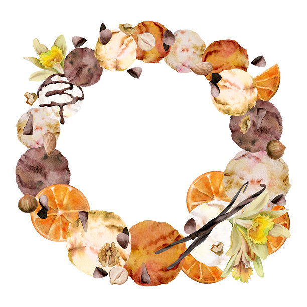 冰淇淋球、香草豆荚、巧克力碎、橙子片。手绘水彩风格的隔离花环插画。清爽的夏日甜点，适合花园派对、健康甜点标签。图片下载