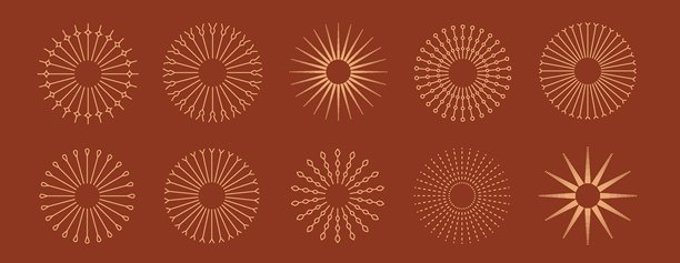 带有飘逸波西米亚线条和星爆光芒的天体太阳标志。神圣几何设计，非常适合精神项目、瑜伽馆和神秘学插画主题。图片下载