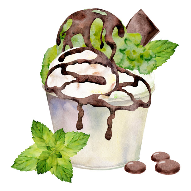 奶油开心果冰淇淋杯，配有薄荷叶、巧克力糖豆和融化的糖浆淋酱。手绘水彩风格的独立插画。甜点小吃图标，手工制品品牌，DIY文具。图片下载