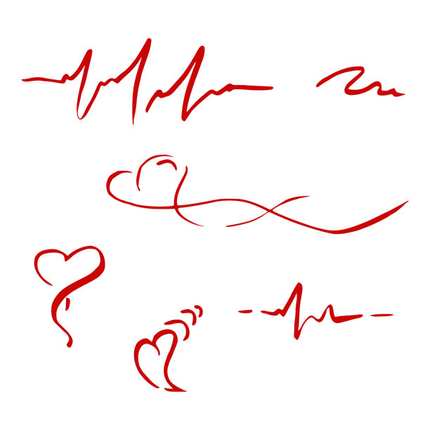 心形符号和心跳脉搏心电图节律线，手绘的创意涂鸦。矢量墨水单元素插画。浪漫邀请函、情人节卡片、庆祝标签边框。图片下载